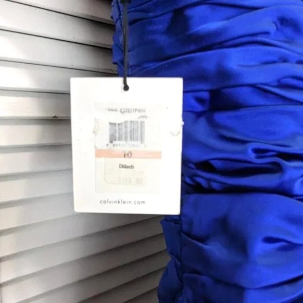 SOLDCalvin Klein Bodycon Wiggle Dress Sz 10 Royal Blue Satin NWT Ruched - Picture 7 of 13